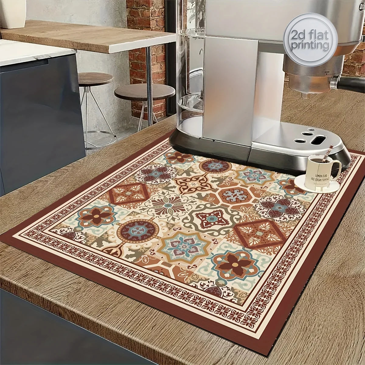 Boho-Chic Espresso Machine Countertop Dish Mat - Absorbent, Non-Slip Rubber Backing, Multi-Use Kitchen & Bathroom Drain Pad, Dia