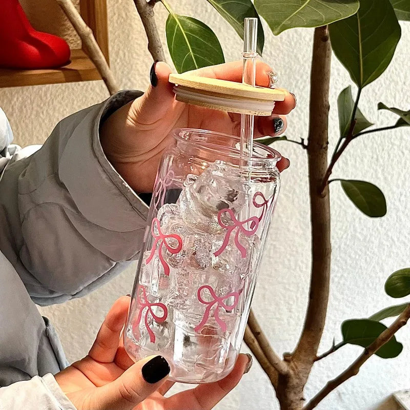 Simple Style Bow Straw Cup High Borosilicate Glass Office Coffee Cup Bamboo Cover Household Beverage Milk Cup Souvenir Gift Mug
