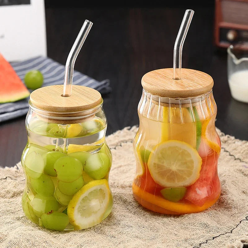 500ml Stripe Glass Cup With Lid and Straw Transparent Glass Mug Iced Coffee Cup Drinking Glasses For Juice Water Cup Drinkware