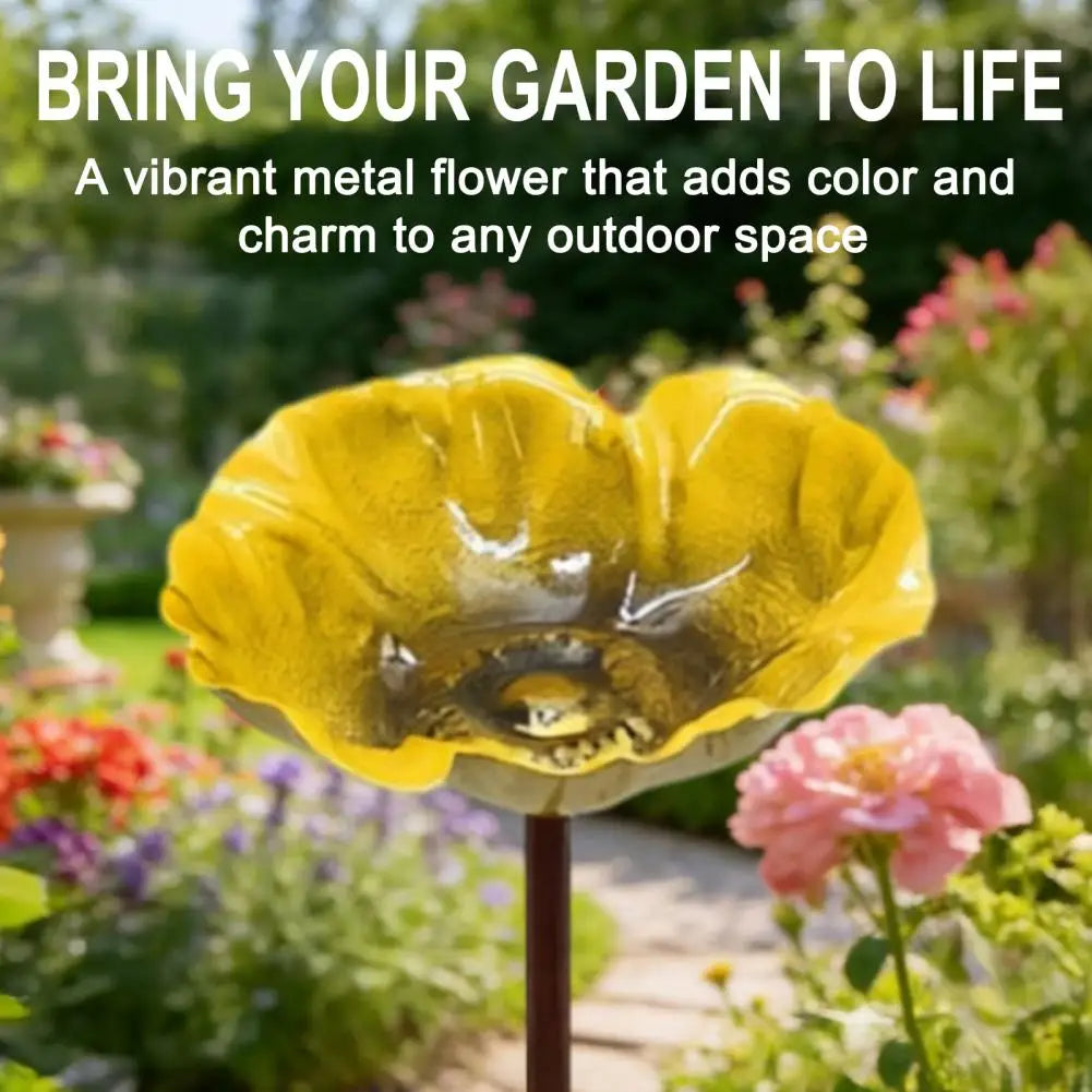 Metal Flower Yard Stake Handmade Bee Watering Station Ground Insert Bird Bath Feeder Butterfly Drinking Bowl Outdoor Decor