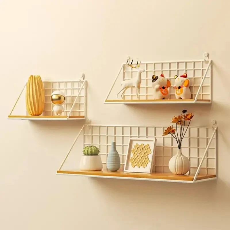 Wooden Floating Wall Shelf No Drilling Storage Basket Rack Space Saving Organizer Display Shelf for Bedroom Living Room Decor