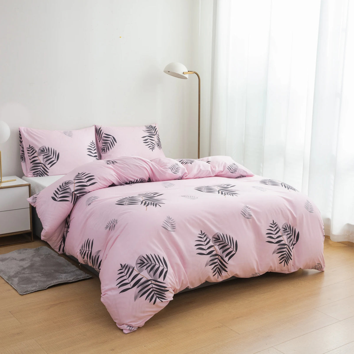 Plant Branch and Leaf Pink Bedspread 3-Piece Set, Ultra-Soft, Comfortable and Breathable Bedding Duvet Set, Suitable for Bedrooms and Guest Rooms (Bedspread + Pillowcases, Without Comforter and Pillow Inserts) for All Seasons