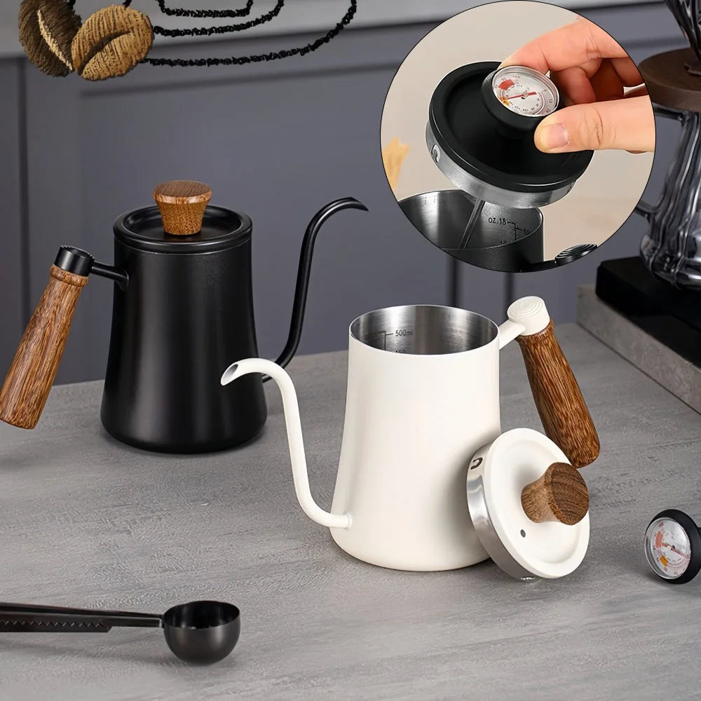Coffee Pot with Lid Thermometer 304 Stainless Steel Clear Scale Solid Wood Handle High Quality Hand-made Coffee Utensils 500ML