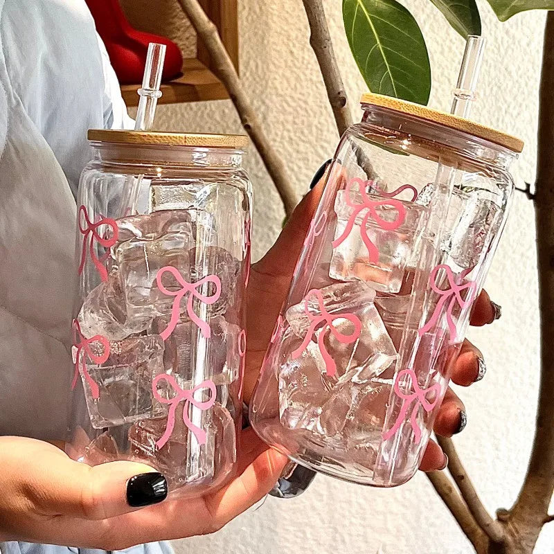 Simple Style Bow Straw Cup High Borosilicate Glass Office Coffee Cup Bamboo Cover Household Beverage Milk Cup Souvenir Gift Mug