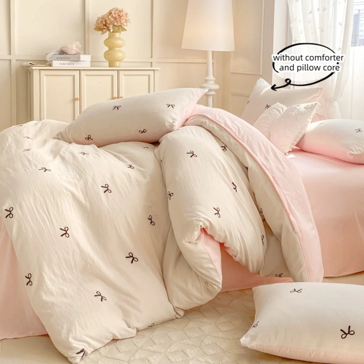 3 Piece Sheet Set pink bowknot embroidery duvet cover Set , comfortable Bedding Set Bedspread for All Season