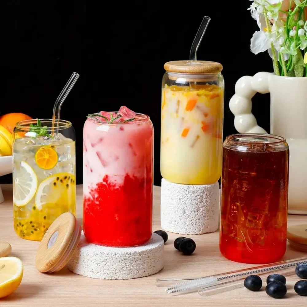 2/4/6pcs Glass Cups 500ml with Spill-Proof Lids And Straws Straw Cleaning Brushes for Hot/Iced BeerCoffee Tea Milk
