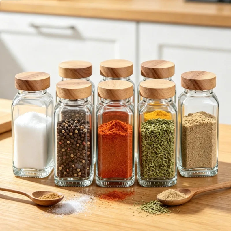 6/8/10/12pcs Glass Spice Jars Seasoning Storage Containers with Airtight Wood Lid,Empty Organizer Bottles for Spice
