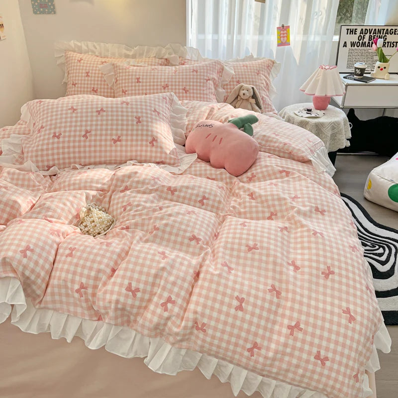 3 Piece duvet cover Set bowknot printting Quilt cover Set comfortable Ruffles Bedding Set Bedspread for All Season