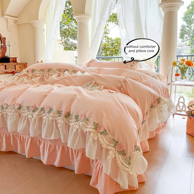 3 Piece Sheet Set pink lace duvet cover Set , comfortable Bedding Set Bedspread for All Season