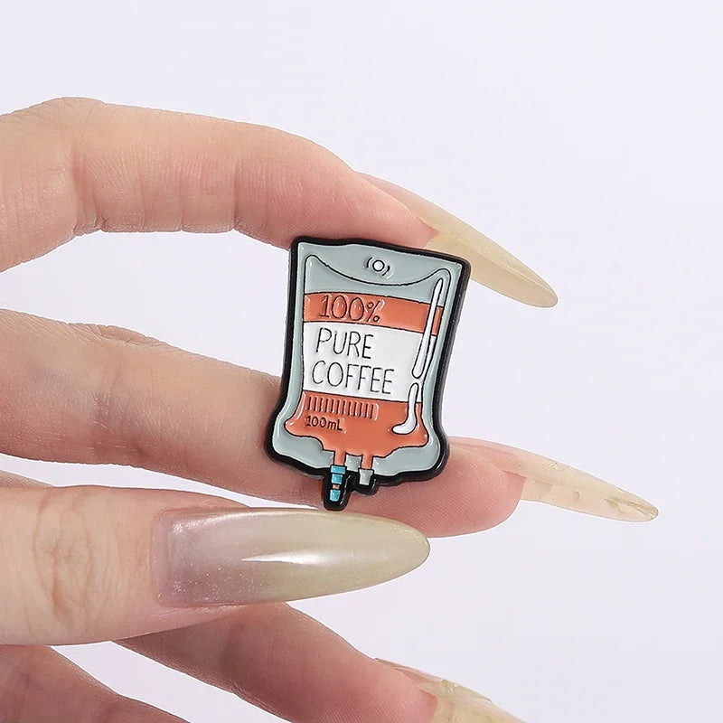 100% Pure Coffee Bag Medical Enamel Pins Coffee Filling Brain Inject Coffee Hourglass Brooch Lapel Badge Jewelry Gift for Friend