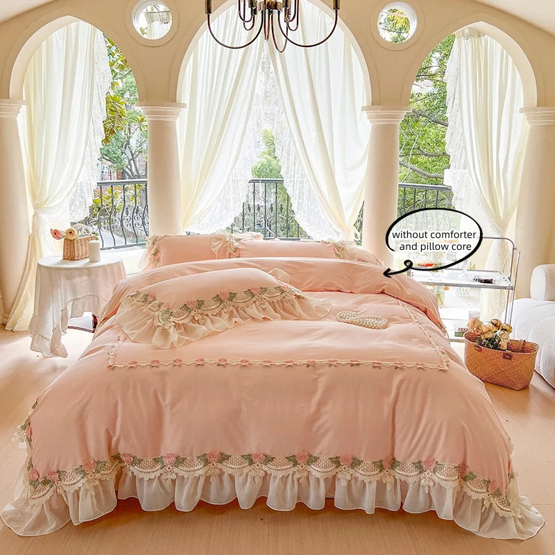 3 Piece Sheet Set pink lace duvet cover Set , comfortable Bedding Set Bedspread for All Season