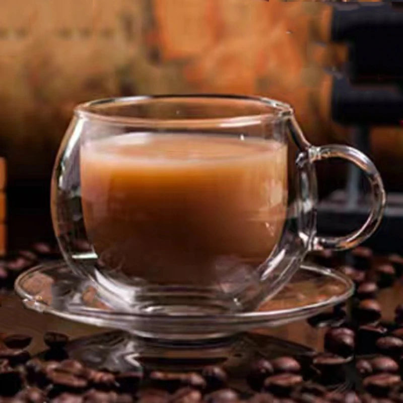 JUSTINLAU 150/300ml Double-layer Glass Cup Transparent with Handle Heat Resistant Coffee Cup & Saucer Milk Juice Water Cup Gift
