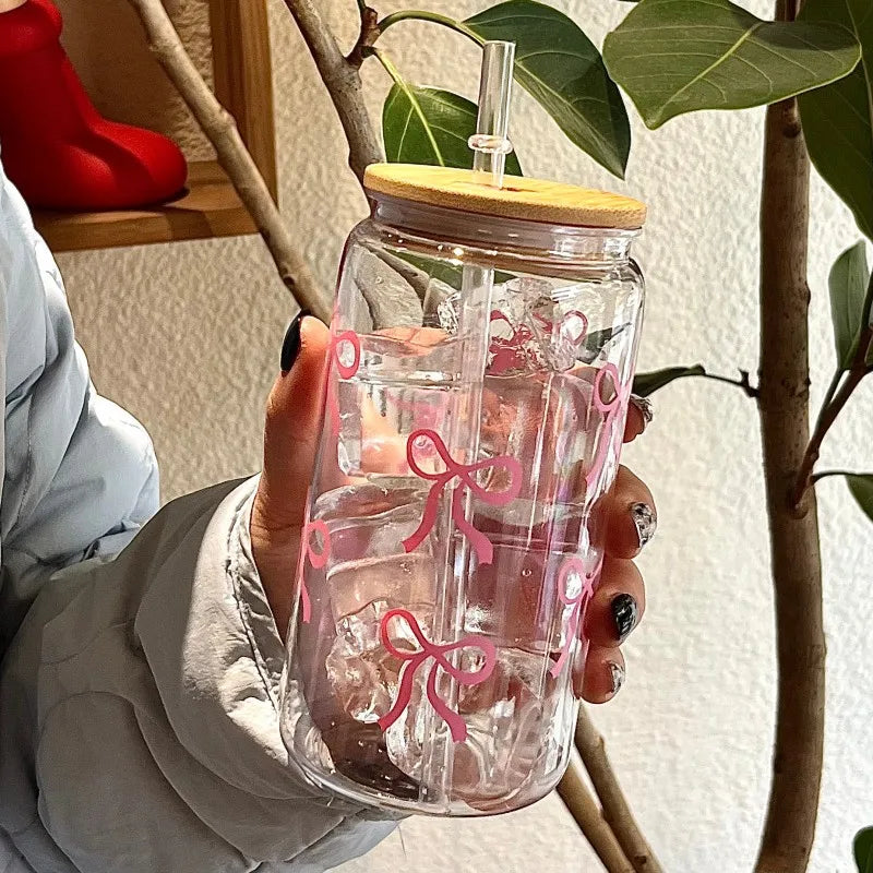 Simple Style Bow Straw Cup High Borosilicate Glass Office Coffee Cup Bamboo Cover Household Beverage Milk Cup Souvenir Gift Mug