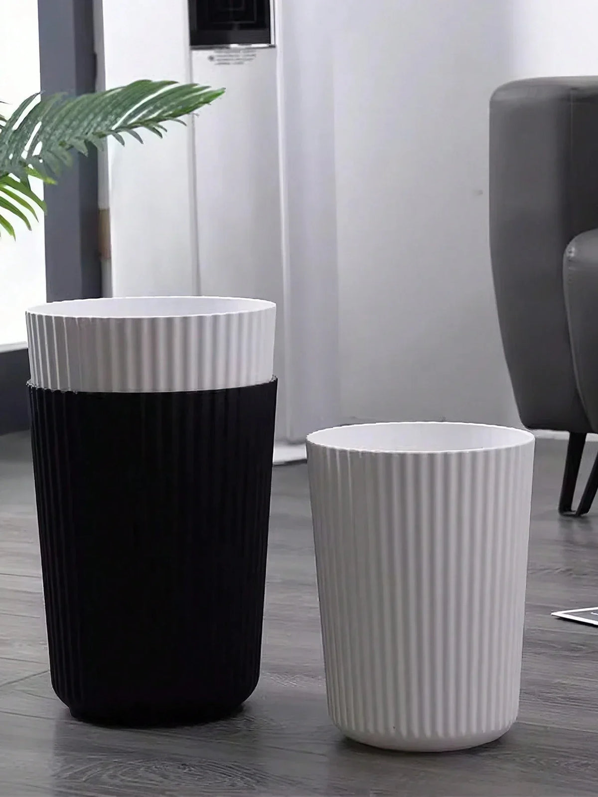 1pc Simple Striped Trash Can, Paper Basket Bin For Bedroom, Living Room, Bathroom, Waste Management Container