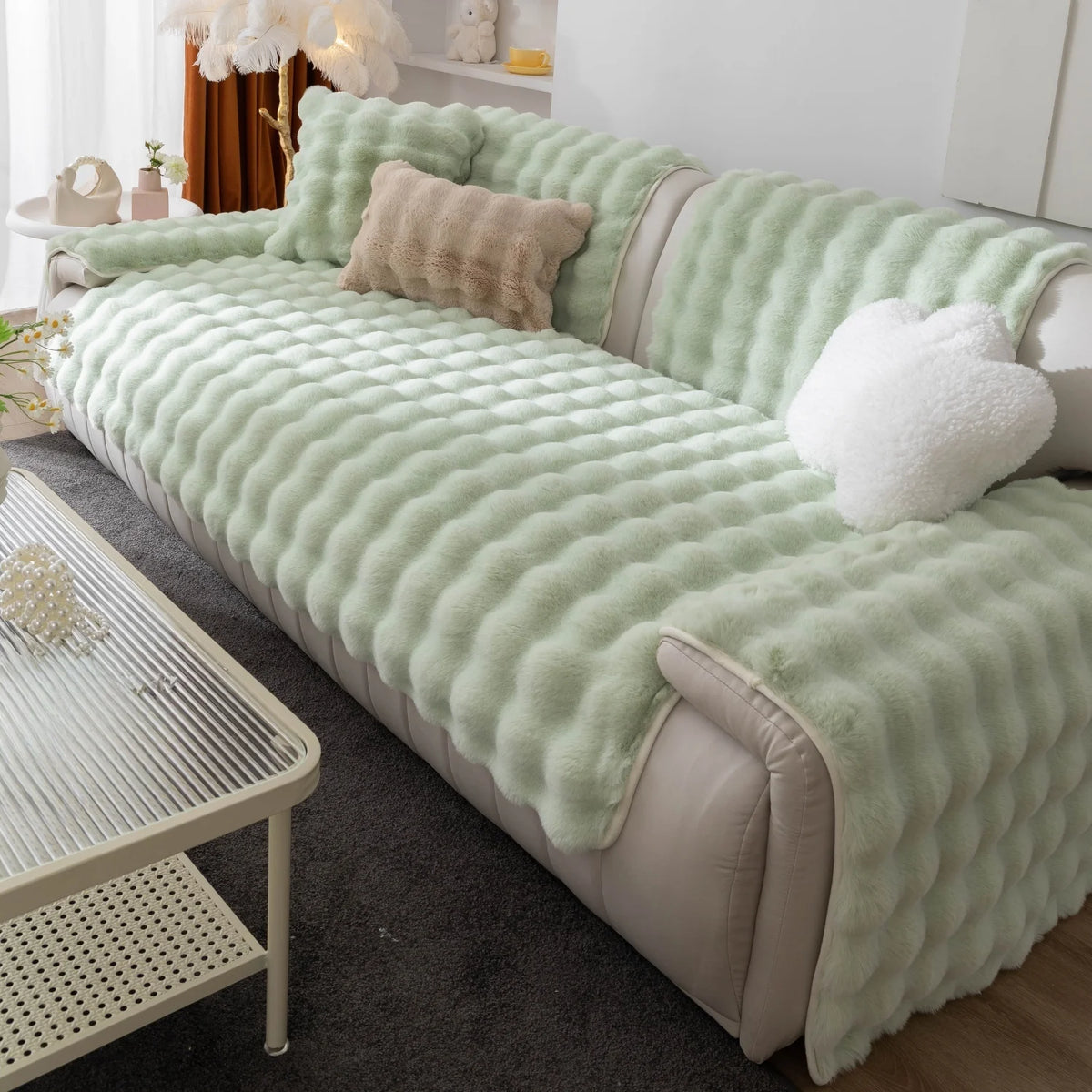 Thicken Imitation Rabbit Fur Plush Sofa Slipcover Non-slip Soft Sofa Towel Couch Cushion For Living Room Modern Home Decor