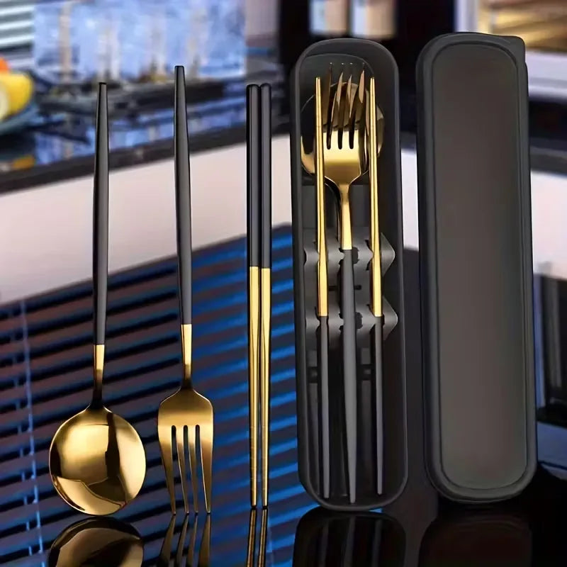 4-Piece Stainless Steel Portable Cutlery Set with Storage Box – Spoon, Fork & Knife