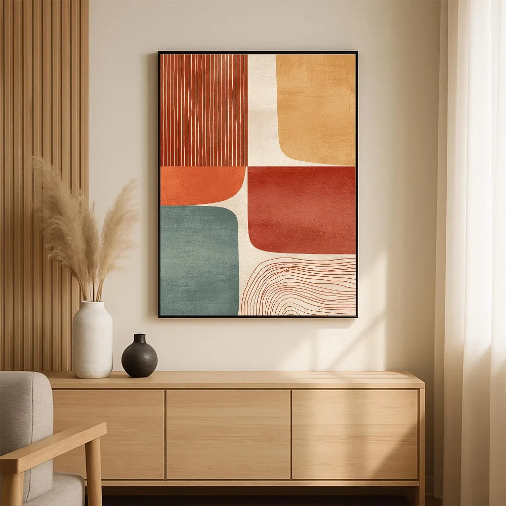 Frameless,Mid-century Modern Bohemian Abstract Wall Art,Terracotta Warriors and Horses Digital Prints,Living Room Home Decor