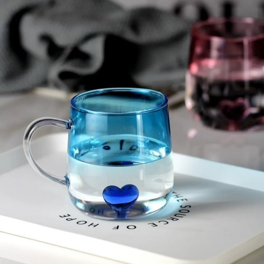 New Transparent Gradient Glass Cup 400mL Large Capacity Glass Coffee Mug 3D Love Heart Couple Pair Cup Kitchen