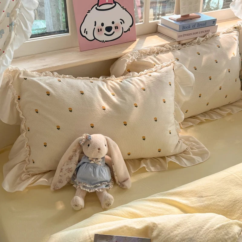 3/4Pcs Korean Princess Style Lace Ruffles Bedding Set Single Queen King Size Duvet Cover Set Bed Sheet Pillowcases