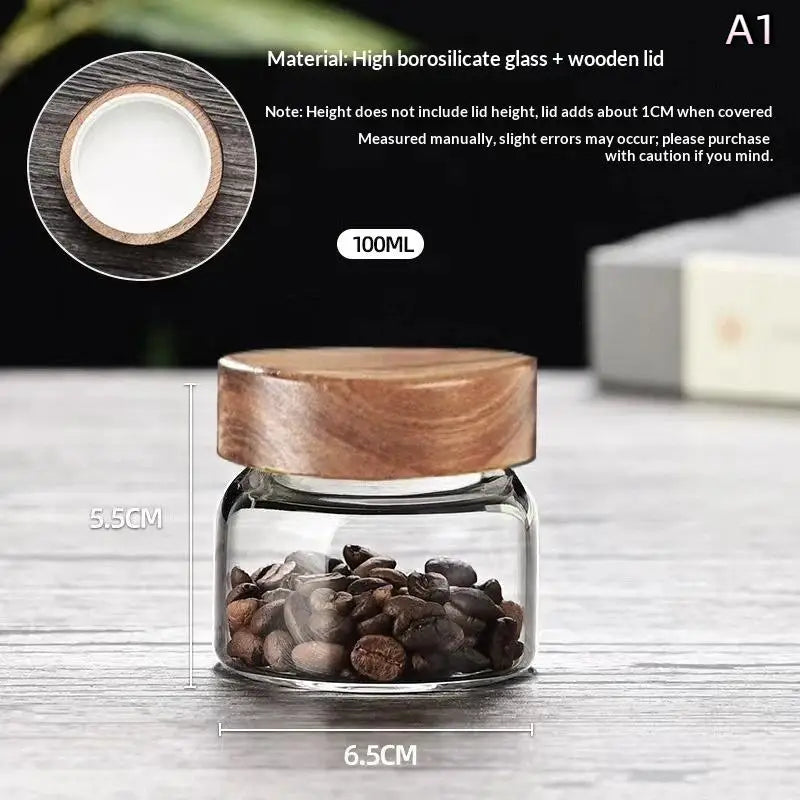 (.) Coffee Beans Sealed Tank Transparent Glass Container With Wood Lid Food Storage Jars Candy Dried Jars Household Organizer