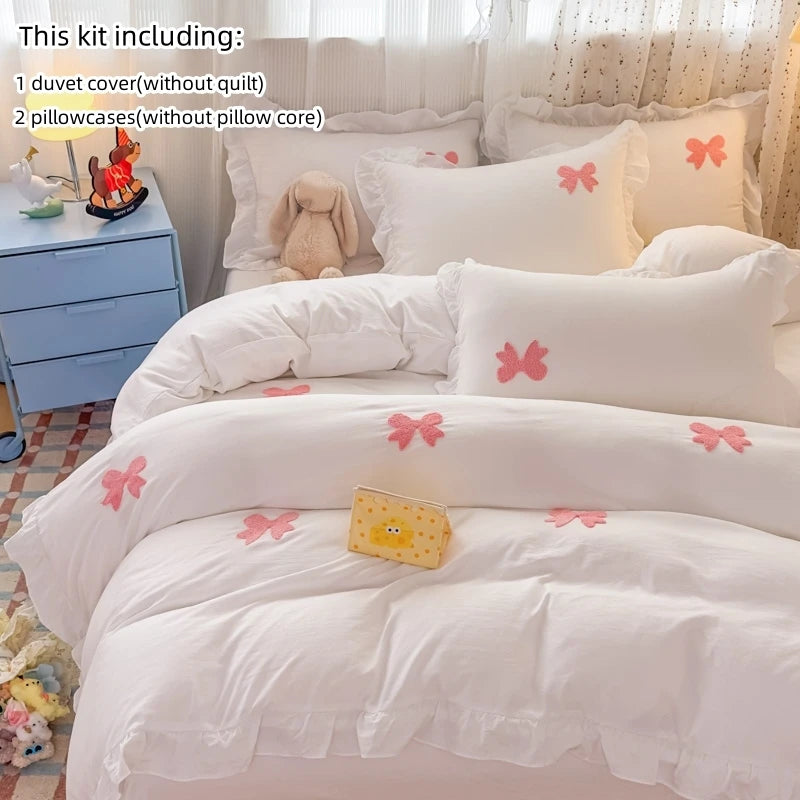 3 Piece Sheet Set pink bowknot embroidery Quilt Set , comfortable embroidery Bedding Set Bedspread for All Season