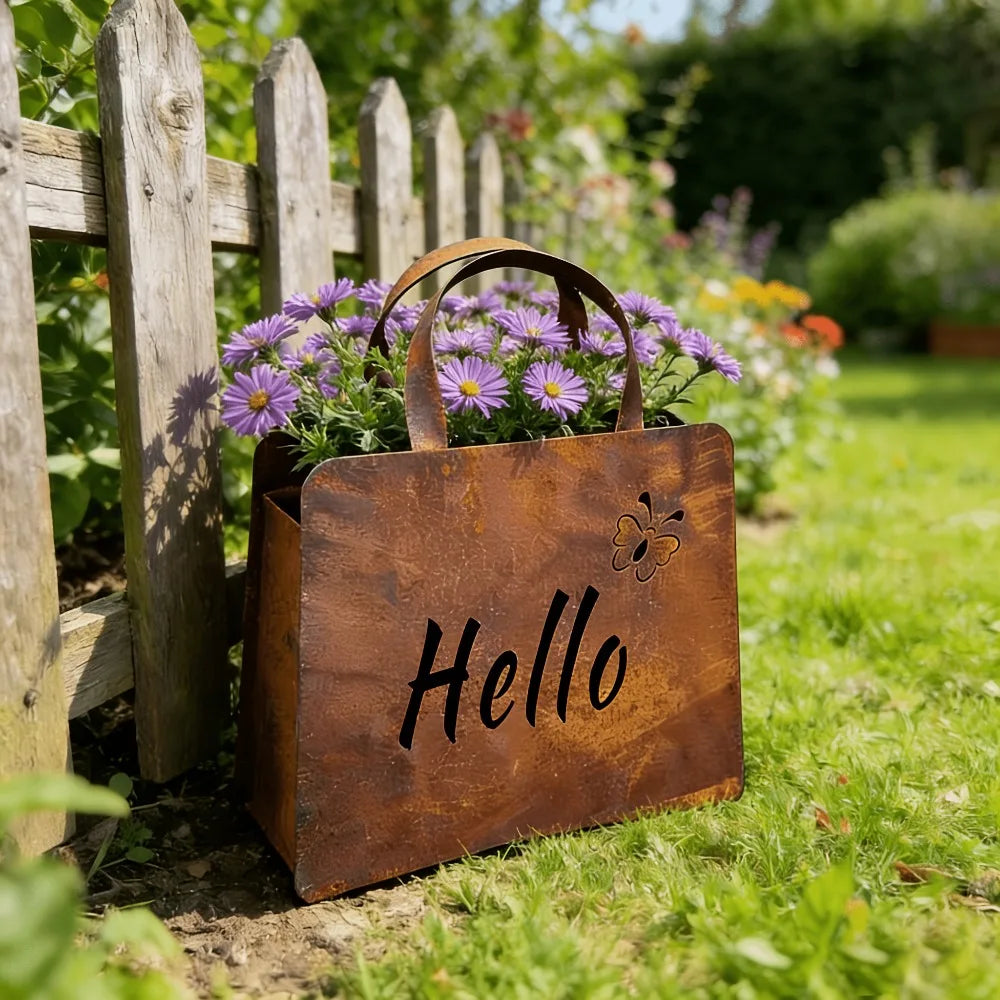 1PC Vintage Iron Handbag Garden Statue with Hello & Welcome Sign Rust Iron Material Elegant Garden Sculpture Mini Flower Box