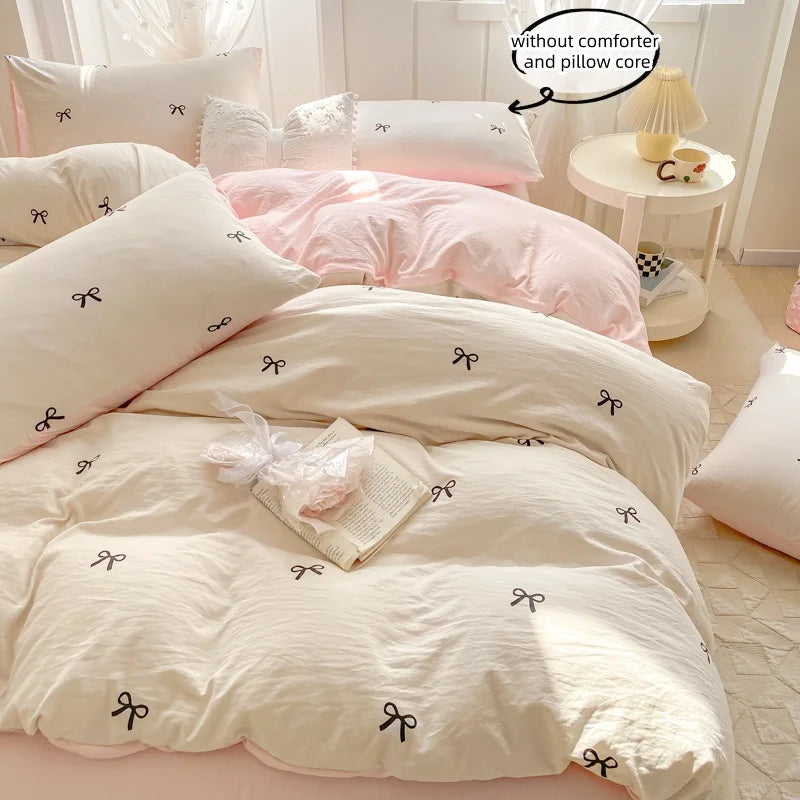 3 Piece Sheet Set pink bowknot embroidery duvet cover Set , comfortable Bedding Set Bedspread for All Season