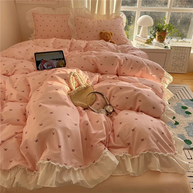 3/4Pcs Korean Princess Style Bow Ruffles Bedding Set Single Queen King Size Duvet Cover Set Bed Sheet Pillowcases