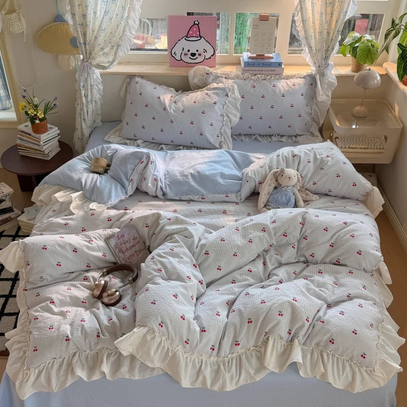 3/4Pcs Korean Princess Style Lace Ruffles Bedding Set Single Queen King Size Duvet Cover Set Bed Sheet Pillowcases