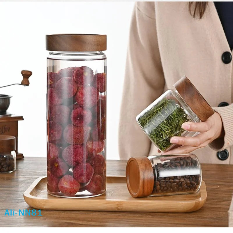 【N】Coffee Beans Sealed Tank Transparent Glass Container With Wood Lid Food Storage Jars Candy Dried Jars Household Organizer