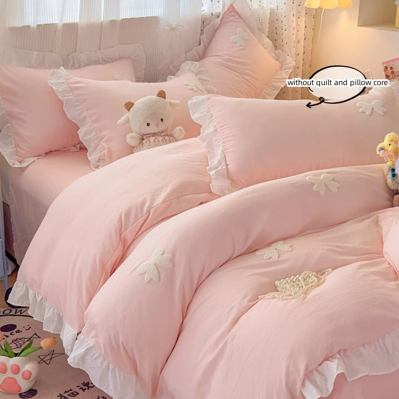 3 Piece Sheet Set pink bowknot embroidery Quilt Set , comfortable embroidery Bedding Set Bedspread for All Season