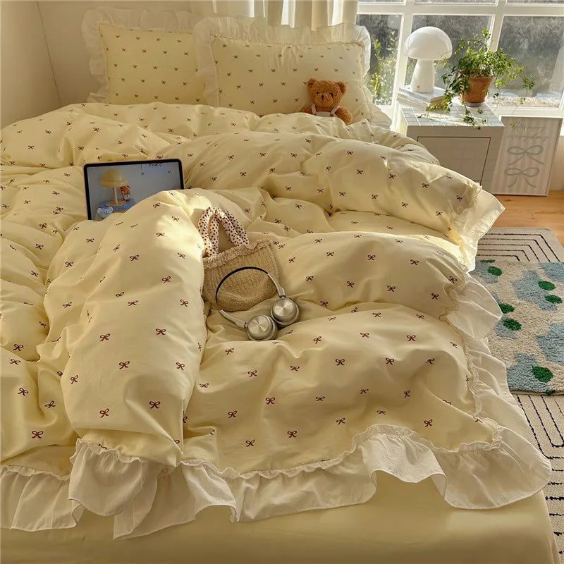3/4Pcs Korean Princess Style Bow Ruffles Bedding Set Single Queen King Size Duvet Cover Set Bed Sheet Pillowcases
