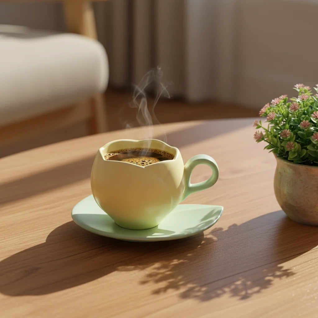 Ceramic Coffee Cup And Saucer Set Tulip Shape Japanese Style Design for Women