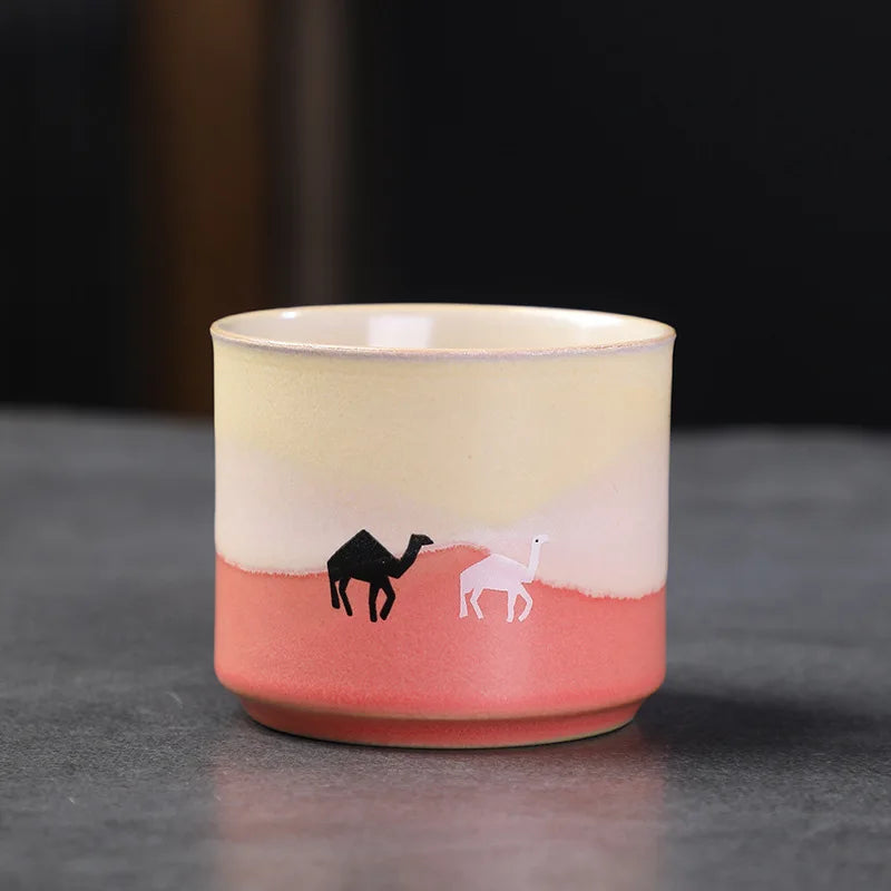 Retro Small Tea Cups 2oz 60ml Coarse Ceramic Camel Print Mini Coffee Mugs