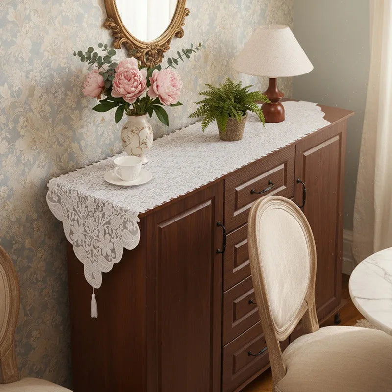 Retro French Lace Table Flag White Embroidered Long Tablecloth for Dining Sideboard TV Cabinet Chest of Drawers Shoe Cabinet Dec