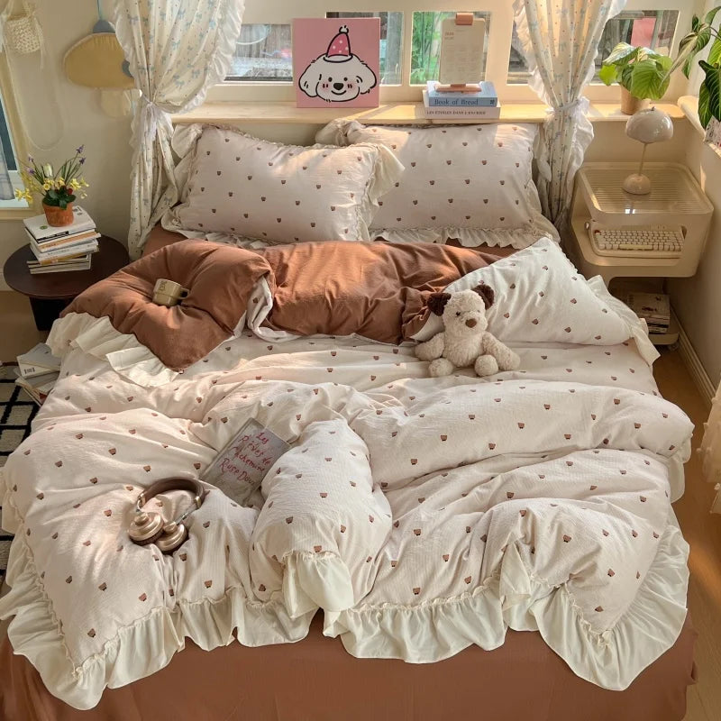 3/4Pcs Korean Princess Style Lace Ruffles Bedding Set Single Queen King Size Duvet Cover Set Bed Sheet Pillowcases