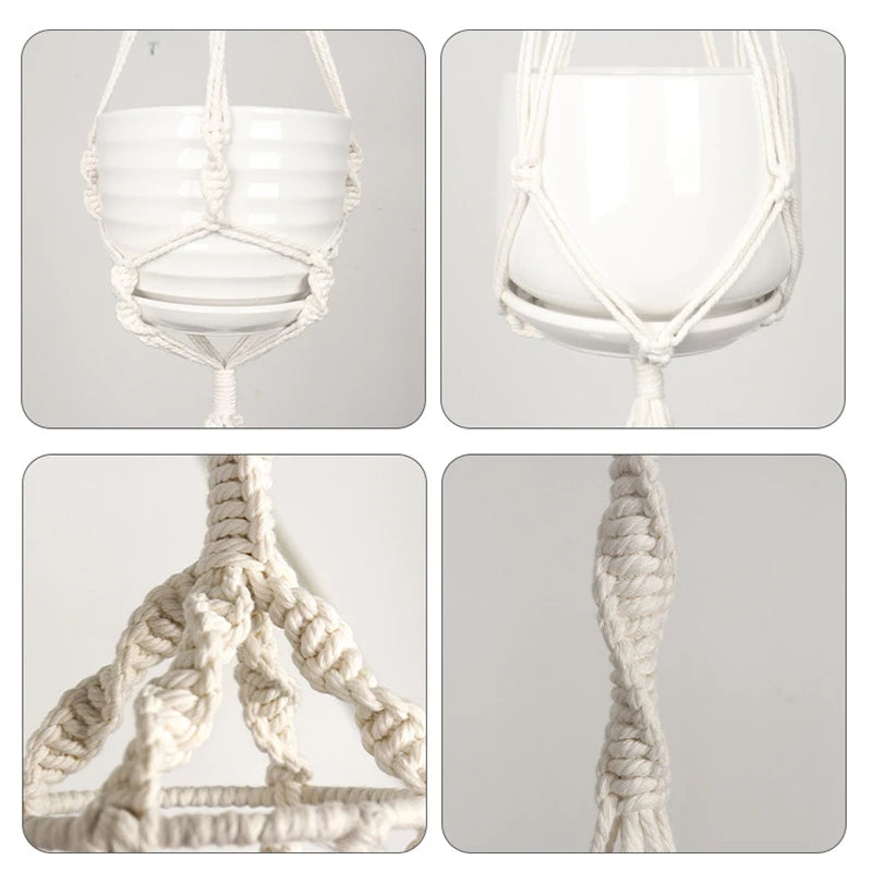 2Pcs Boho Hanging Planter Rope Rack Decorative Woven Rope Basket Outdoor Plant Flower Pot Hanging Organizer Net Room Garden