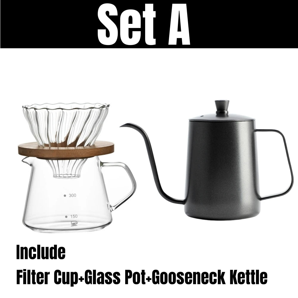 Pour Over Coffee Maker Set Glass Pot With Filter Coffee Dripper Brewer & Stainless Steel Gooseneck Kettle Coffee Filter Manual