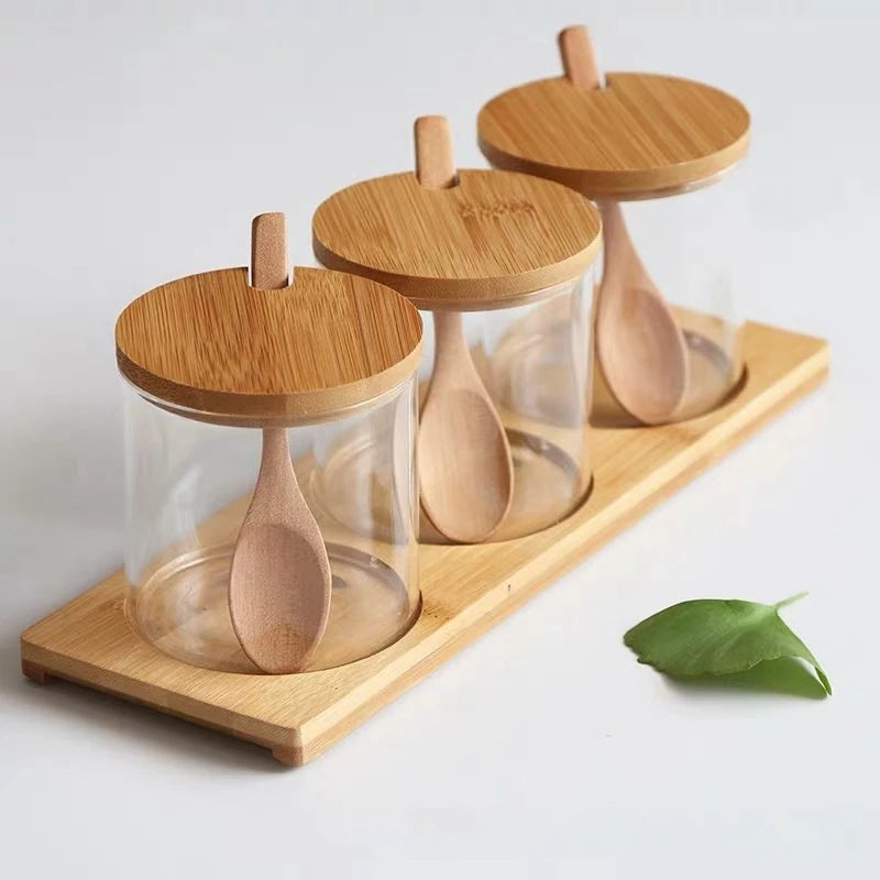 3Pcs Condiment Jars Set Clear Glass Bamboo Lid Spice Jar with Spoon Kitchen Sugar Salt Spices Storage Box Household Container