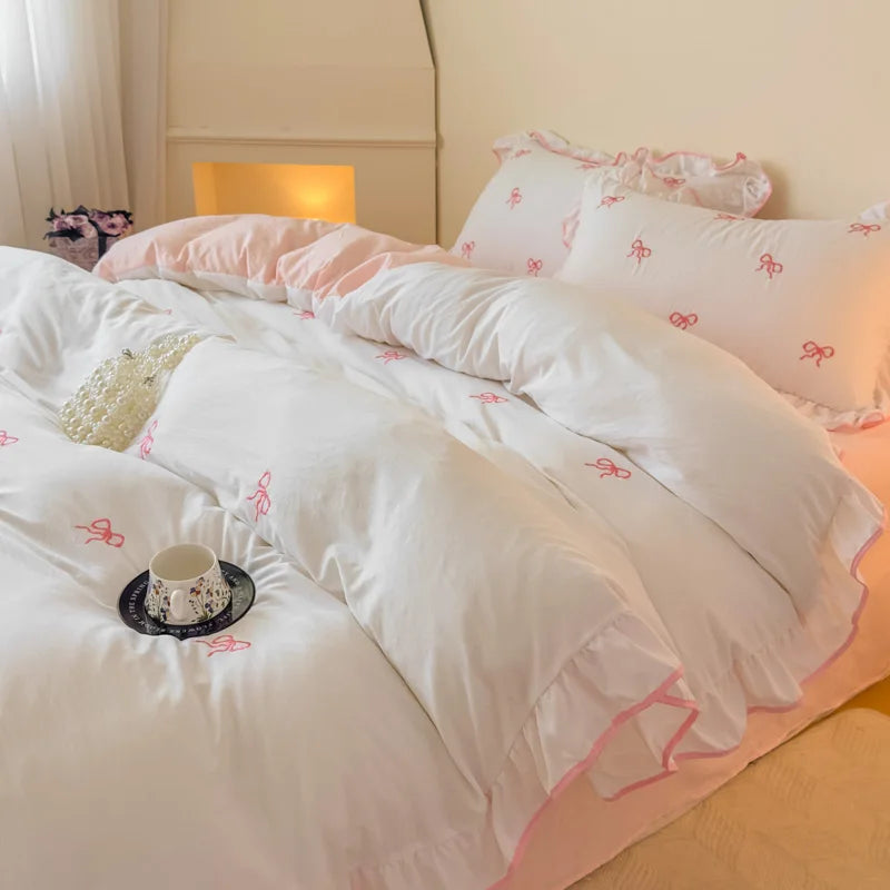 3 Piece Sheet Set bowknot embroidery Quilt cover Set comfortable embroidery Bedding Set Bedspread for All Season