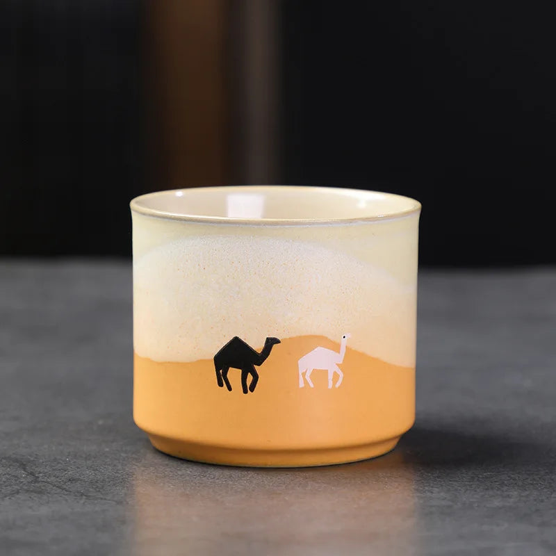 Retro Small Tea Cups 2oz 60ml Coarse Ceramic Camel Print Mini Coffee Mugs