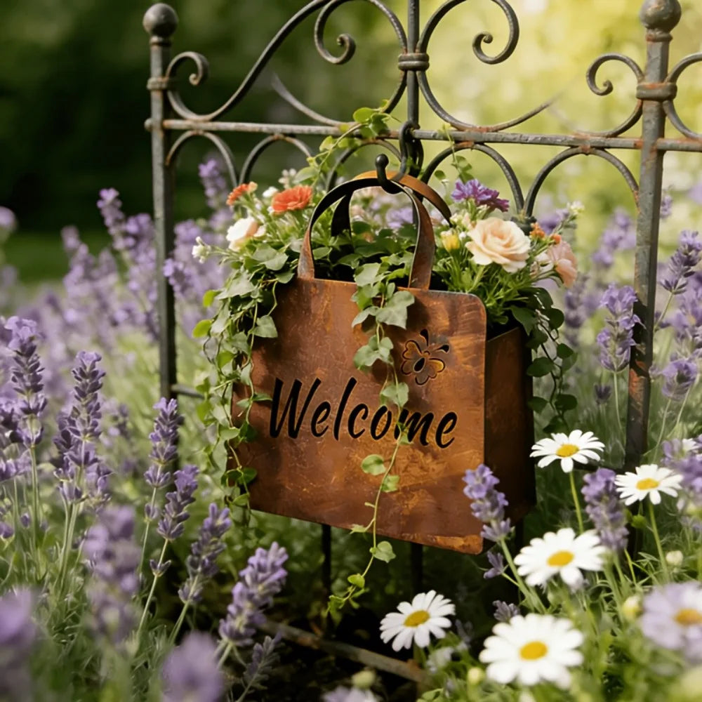 1PC Vintage Iron Handbag Garden Statue with Hello & Welcome Sign Rust Iron Material Elegant Garden Sculpture Mini Flower Box