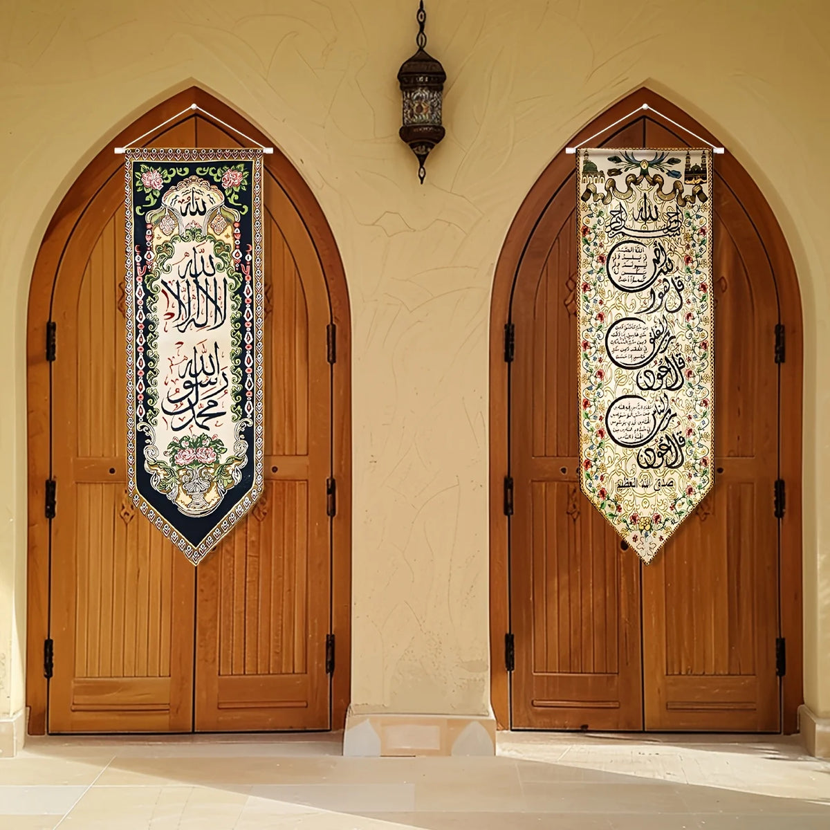 2pcs Ramadan Eid Mubarak Banner Hanging Canvas Signs, Islamic Door Signs Welcome Muslim Arabic Door Banners 100%Polyester