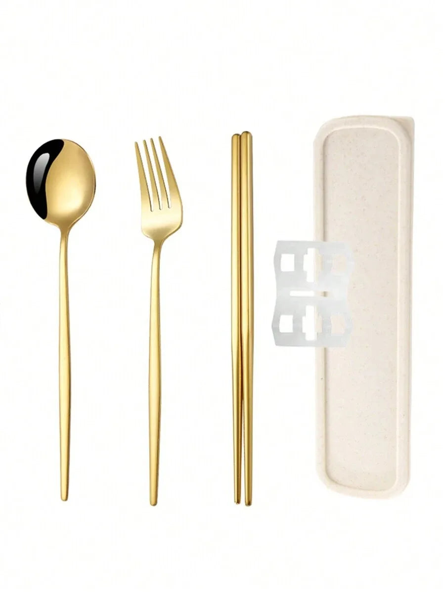 4-Piece Stainless Steel Portable Cutlery Set with Storage Box – Spoon, Fork & Knife