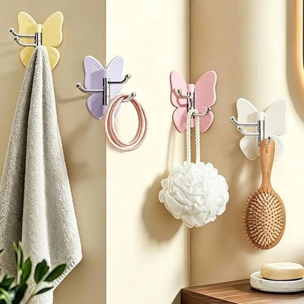 4Pcs Rotating Butterfly Triple Hook Household Multifunctional Kitchen Bathroom Adhesive Hook Strong Load-bearing Small Butterfly