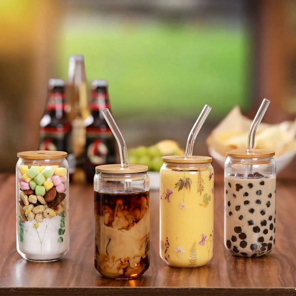 4-Piece 16OZ Glass Cups with Bamboo Lids