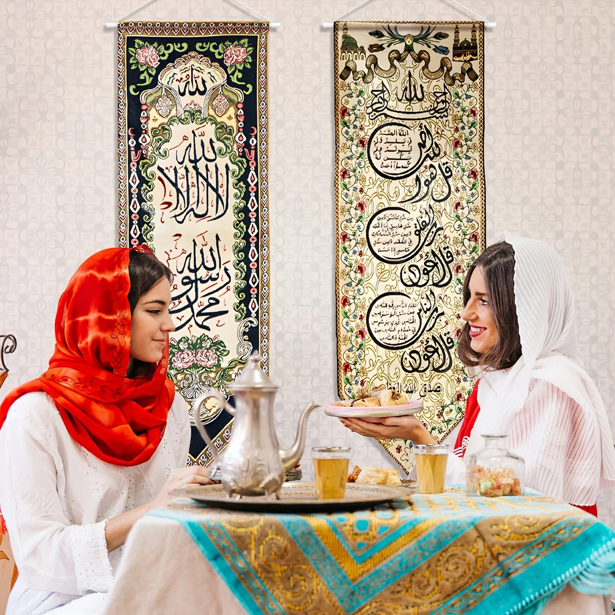 2pcs Ramadan Eid Mubarak Banner Hanging Canvas Signs, Islamic Door Signs Welcome Muslim Arabic Door Banners 100%Polyester
