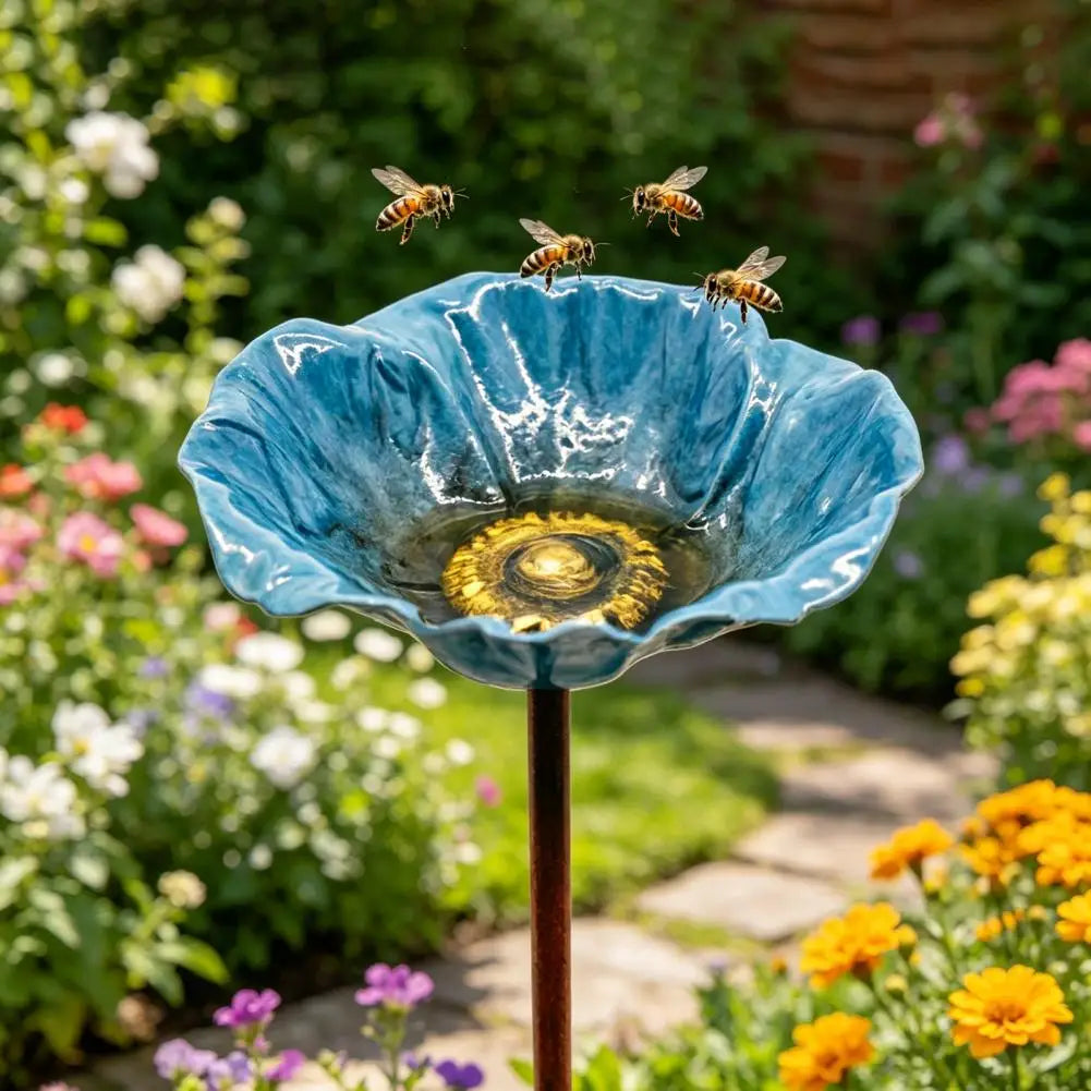 Metal Flower Yard Stake Handmade Bee Watering Station Ground Insert Bird Bath Feeder Butterfly Drinking Bowl Outdoor Decor