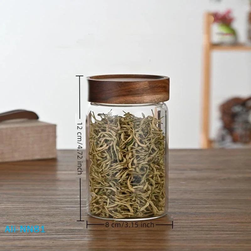 【N】Coffee Beans Sealed Tank Transparent Glass Container With Wood Lid Food Storage Jars Candy Dried Jars Household Organizer