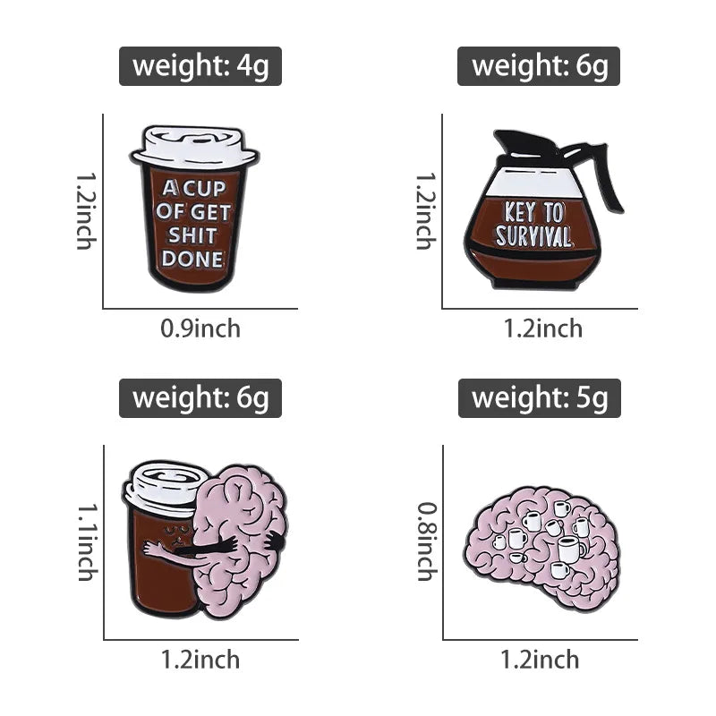 Funny Coffee Brain Enamel Pin Sassy Quote Brooch Coffee Cup Pot Lapel Badge Gift Backpack Denim Jacket Hat Clothes Accessory